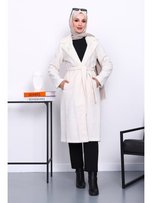 Krem Kruvaze Yaka Cepli Angora Kaşe Kaban