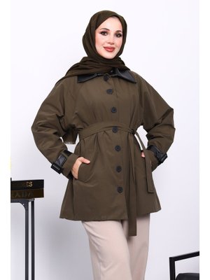 Haki Deri Detaylı Kuşaklı Trençkot