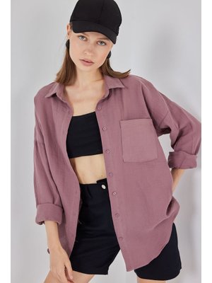 Koyu Lila Tek Cepli Oversize Müslin Gömlek Koyu Lila Tek Cepli Oversize Müslin Gömlek