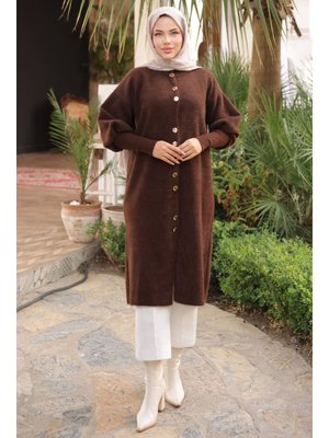 Kahverengi Hakim Yaka Angora Yumoş Kaban Hırka