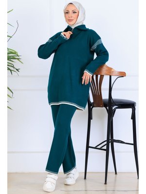 Zümrüt Yeşili Yakası Fermuarlı Şerit Detay Triko Takım