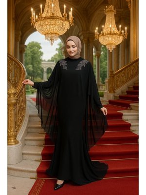 Panço Detaylı Siyah Abaya 25908s