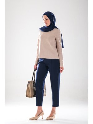 Gizli Fermuarlı Şık Pantolon 2293_ Scuba Kumaş Yüksek Bel Nervür Detaylı Havuç