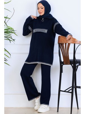 Lacivert Yakası Fermuarlı Triko Takım