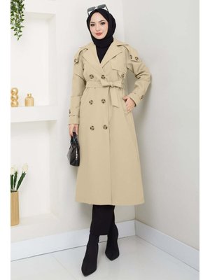 Omuzları Apolet Detaylı Astarlı Açık Bej Trençkot