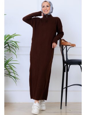 Kahverengi Fitilli Triko Elbise