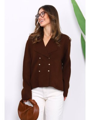 Kahverengi Kruvaze Yaka Düğmeli Triko Hırka