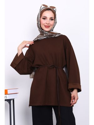 Kahverengi Yanları Yırtmaçlı Bel İpli Tunik Kahverengi Yanları Yırtmaçlı Bel İpli Tunik
