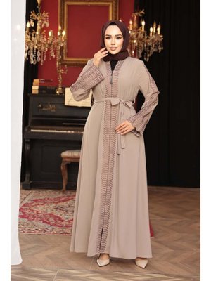 Nakış İşlemeli Bej Abaya 29114bej