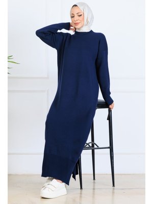 Lacivert Yırtmaç Detaylı Triko Elbise
