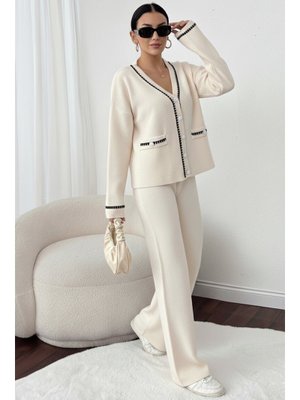 Taş Rengi Kesik Çizgili Ceket Takım
