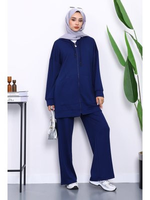 Lacivert Kapüşonlu Modal Tunik Pantolonlu Takım Lacivert Kapüşonlu Modal Tunik Pantolonlu Takım