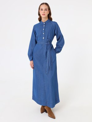 Denim Reglan Kollu Kuşaklı Elbise Acik Mavi