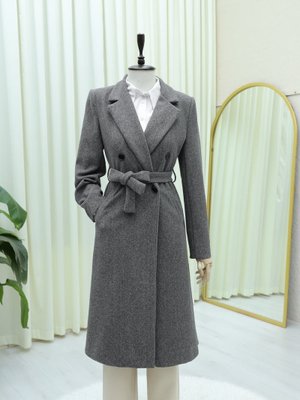 Füme Tek Düğmeli Cepli Kemerli Astarlı Kaşe Kaban