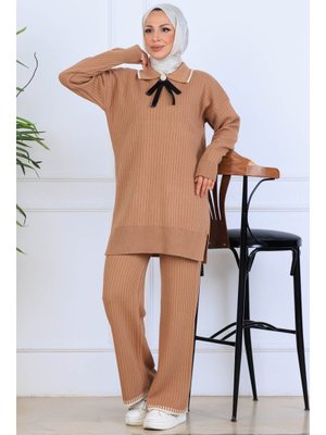 Vizon Yakası Kurdele Detay Triko Takım