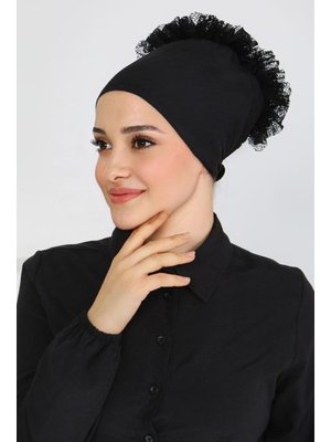 Siyah Sıyah Dikişsiz Fırfırlı Bone Siyah Sıyah Dikişsiz Fırfırlı Bone