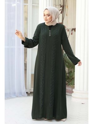 Boncuk İşlemeli Haki Ferace 29122hk