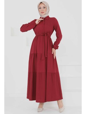 Bordo Kuşaklı Kat Kat Elbise Bordo Kuşaklı Kat Kat Elbise