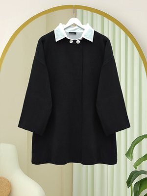 Siyah Çift Düğmeli Salaş Triko Panço