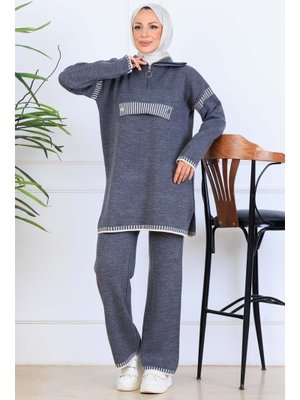 Antrasit Yakası Fermuarlı Triko Takım