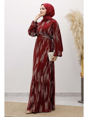 Bordo Pötikare Desenli Viskon Elbise