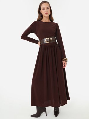 Sandy Kumaşlı Beli Korse Detaylı Elbise Aci Kahve