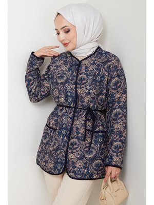 Lacivert Desenli Düğmeli Kapitone Ceket