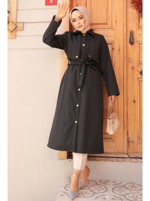 Düğmeli Siyah Trençkot 62131s