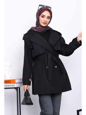 Siyah Kruvaze Yaka Astarlı Trençkot