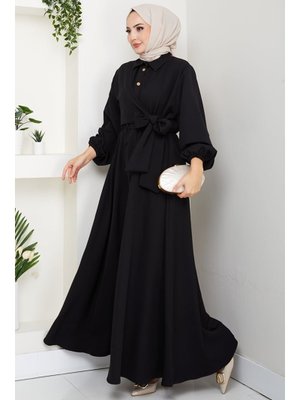 Siyah Çapraz Bağlamalı Yaka Gömlek Elbise