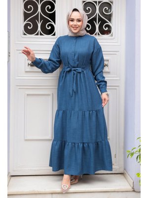 Kat Piliseli İndigo Mavisi Elbise 61621ım Kat Piliseli İndigo Mavisi Elbise 61621ım