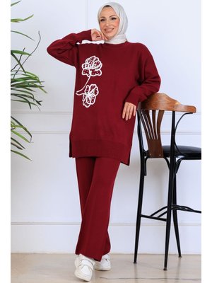Bordo Nakış İşleme Detaylı Triko Takım