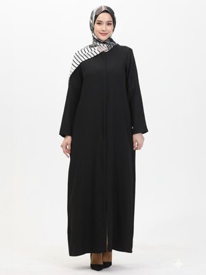 Siyah Keten Görünümlü Ferace Düz Fermuarlı