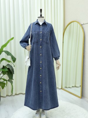 İndigo Boydan Düğmeli Kolu Lastikli Cepli Kot Elbise İndigo Boydan Düğmeli Kolu Lastikli Cepli Kot Elbise