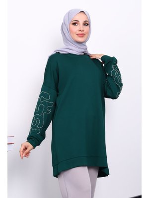 Zümrüt Yeşili Kolu İşlemeli Modal Tunik Zümrüt Yeşili Kolu İşlemeli Modal Tunik