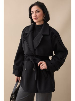 Oversize Kaşe Kumaş Siyah Kısa Kaban