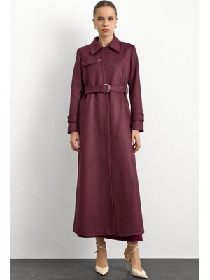 Bordo Gömlek Yaka Çıt Ve Deri Detaylı Gabardin Süet Pardesü