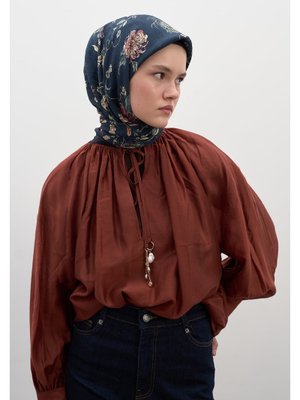 Lacivert Jenephıe Desen Pamuklu Viskon Eşarp