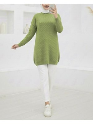 A.yeşil Yuvarlak Yaka Kabartma Desen Kolu Lastikli Triko Tunik