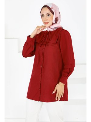 Bordo Kare Yaka Detaylı Dokuma Tunik Bordo Kare Yaka Detaylı Dokuma Tunik