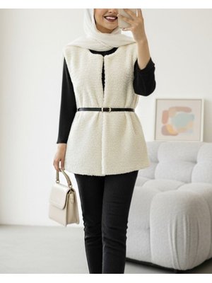 Ekru Beli Kemerli Çift Cepli Astarlı Peluş Yelek