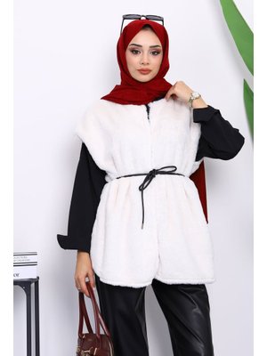 Krem Cepli Peluş Kürk Yelek Krem Cepli Peluş Kürk Yelek