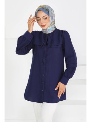 Lacivert Lacıvert Kare Yaka Detaylı Dokuma Tunik