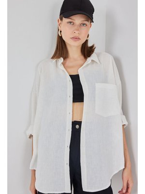 Ekru Tek Cepli Oversize Keten Gömlek Ekru Tek Cepli Oversize Keten Gömlek