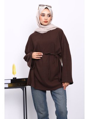 Kahverengi Bisiklet Yaka Bel Kuşaklı Tunik Kahverengi Bisiklet Yaka Bel Kuşaklı Tunik