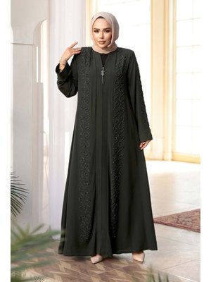 Boncuk İşlemeli Haki Ferace 29123hk