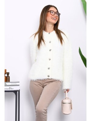 Krem Düğmeli Simli Angora Yumoş Triko Hırka