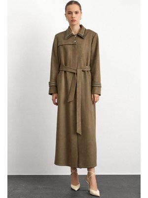 Gömlek Yaka İşleme Detaylı Süet Görünümlü Büyük Beden Pardesü A.haki