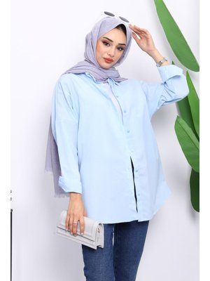 Bebe Mavi Düğmeli Salaş Terikoton Gömlek Bebe Mavi Düğmeli Salaş Terikoton Gömlek