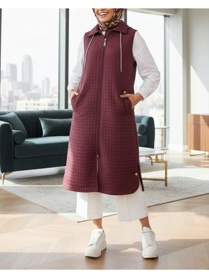 Bordo Fermuarlı Kapüşonlu Cepli Uzun Kapitone Yelek